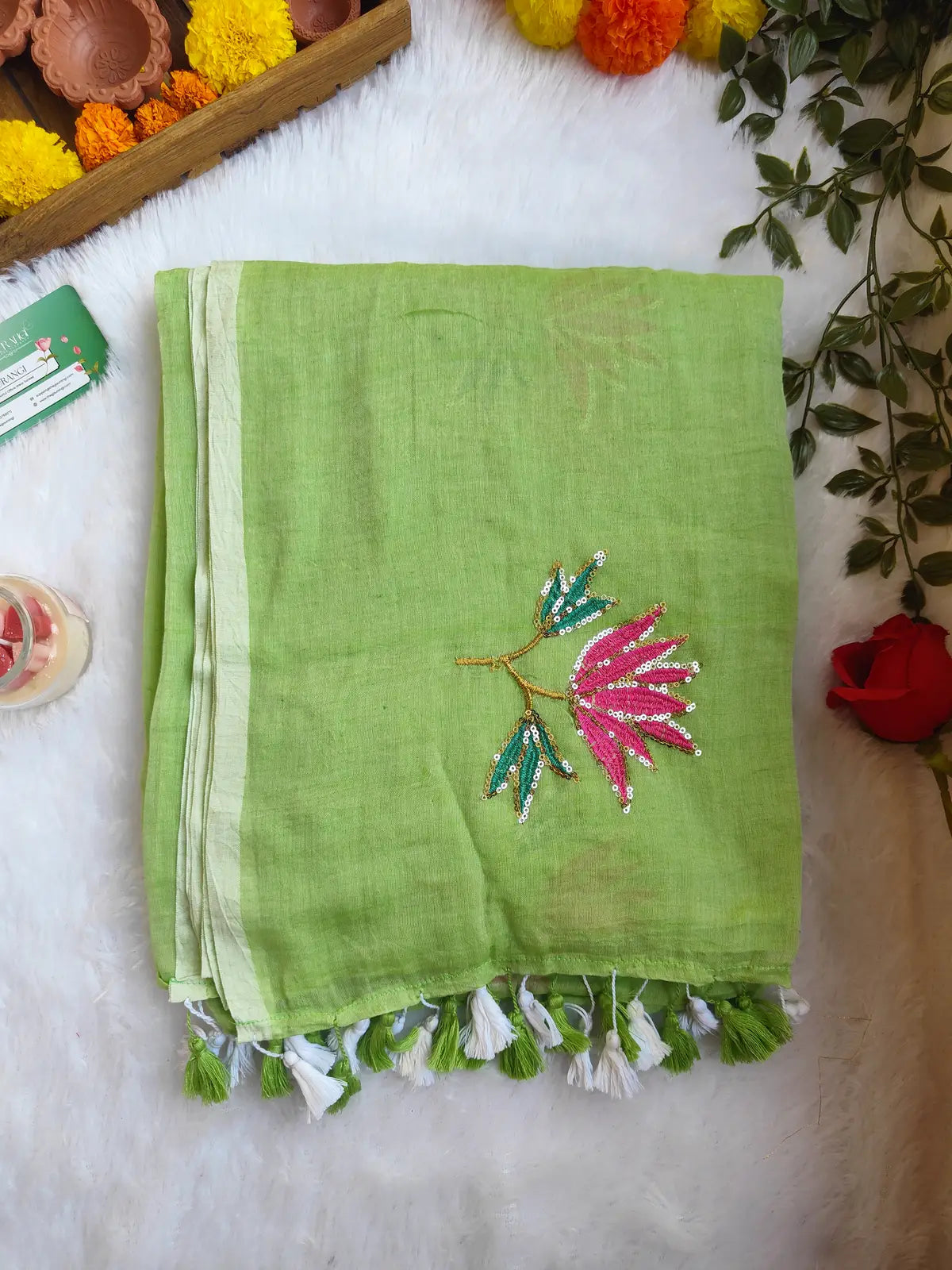 PISTA GREEN LOTUS SITARA MUL COTTON SAREE