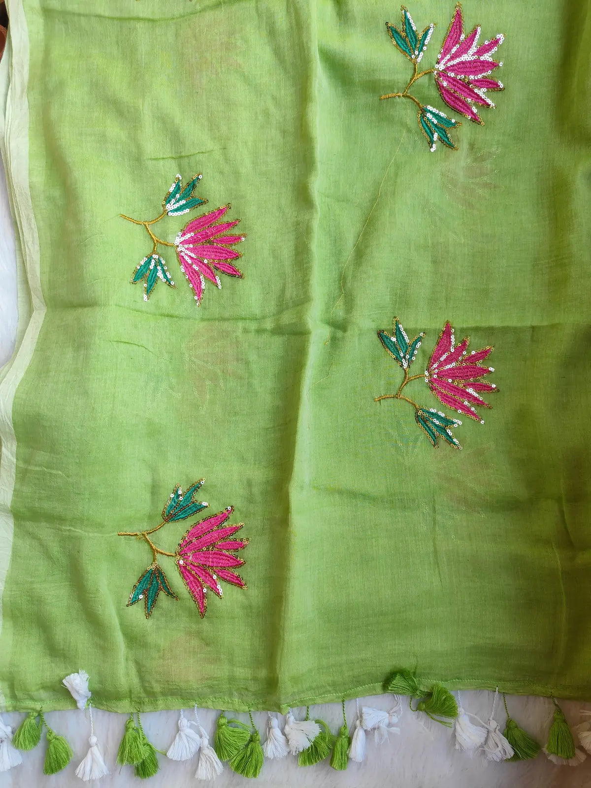 PISTA GREEN LOTUS SITARA MUL COTTON SAREE