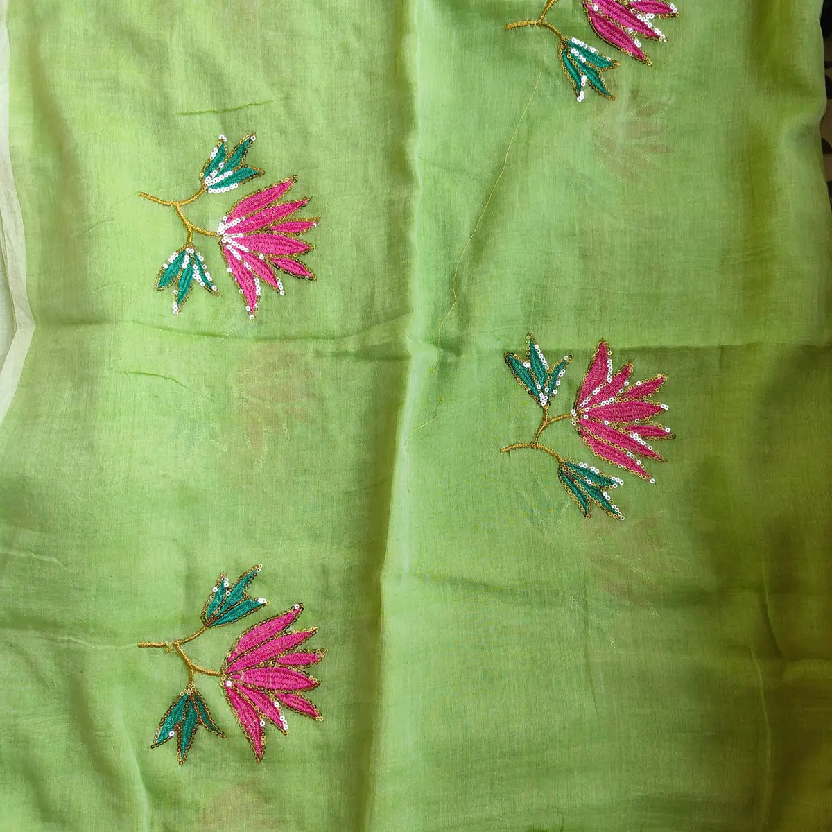 PISTA GREEN LOTUS SITARA MUL COTTON SAREE