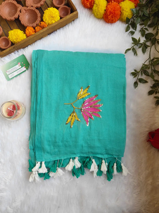 TORQUOISE LOTUS SITARA MUL COTTON SAREE