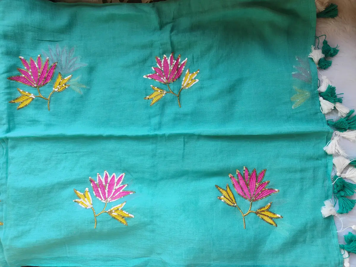 TORQUOISE LOTUS SITARA MUL COTTON SAREE