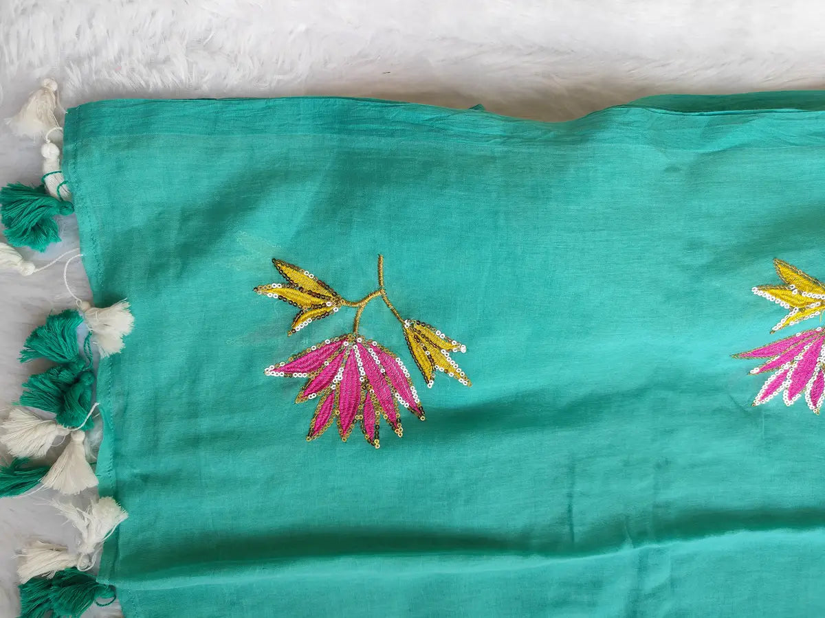 TORQUOISE LOTUS SITARA MUL COTTON SAREE