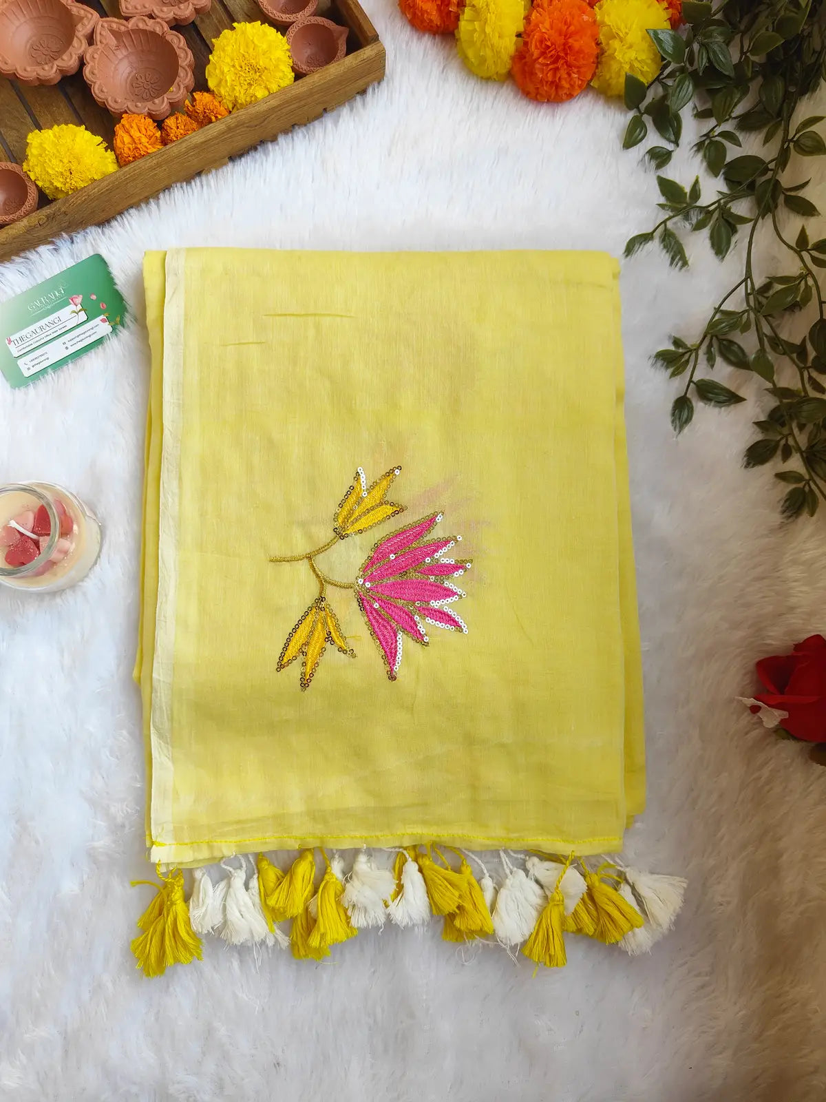 PASTAL YELLOW LOTUS SITARA MUL COTTON SAREE