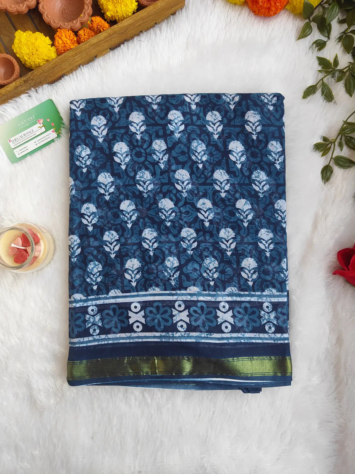 INDIGO AJRAKH CHANDERI COTTON SAREE