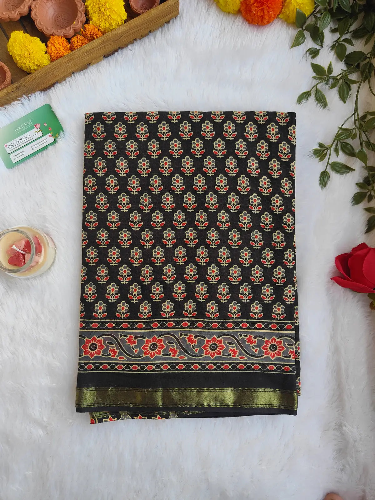 BLACK AND RED AJRAKH CHANDERI COTTON SAREE