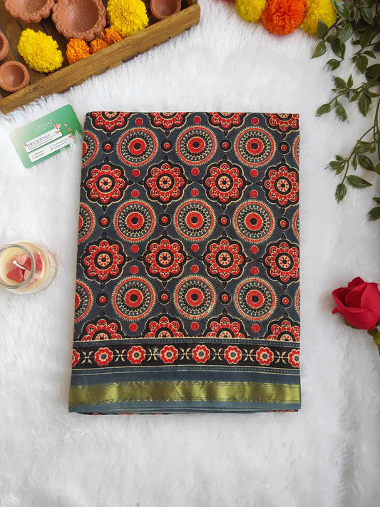 GREY AND RED AJRAKH CHANDERI COTTON SAREE