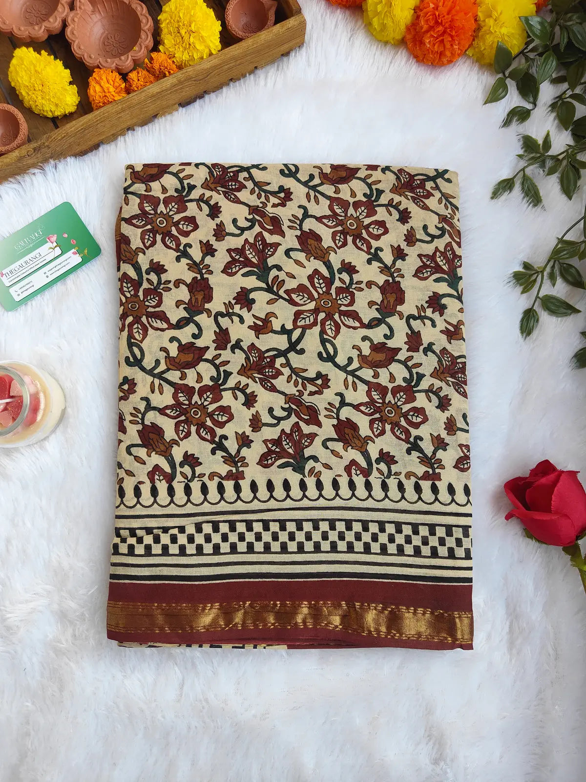 BEIGE AND RED AJRAKH CHANDERI COTTON SAREE