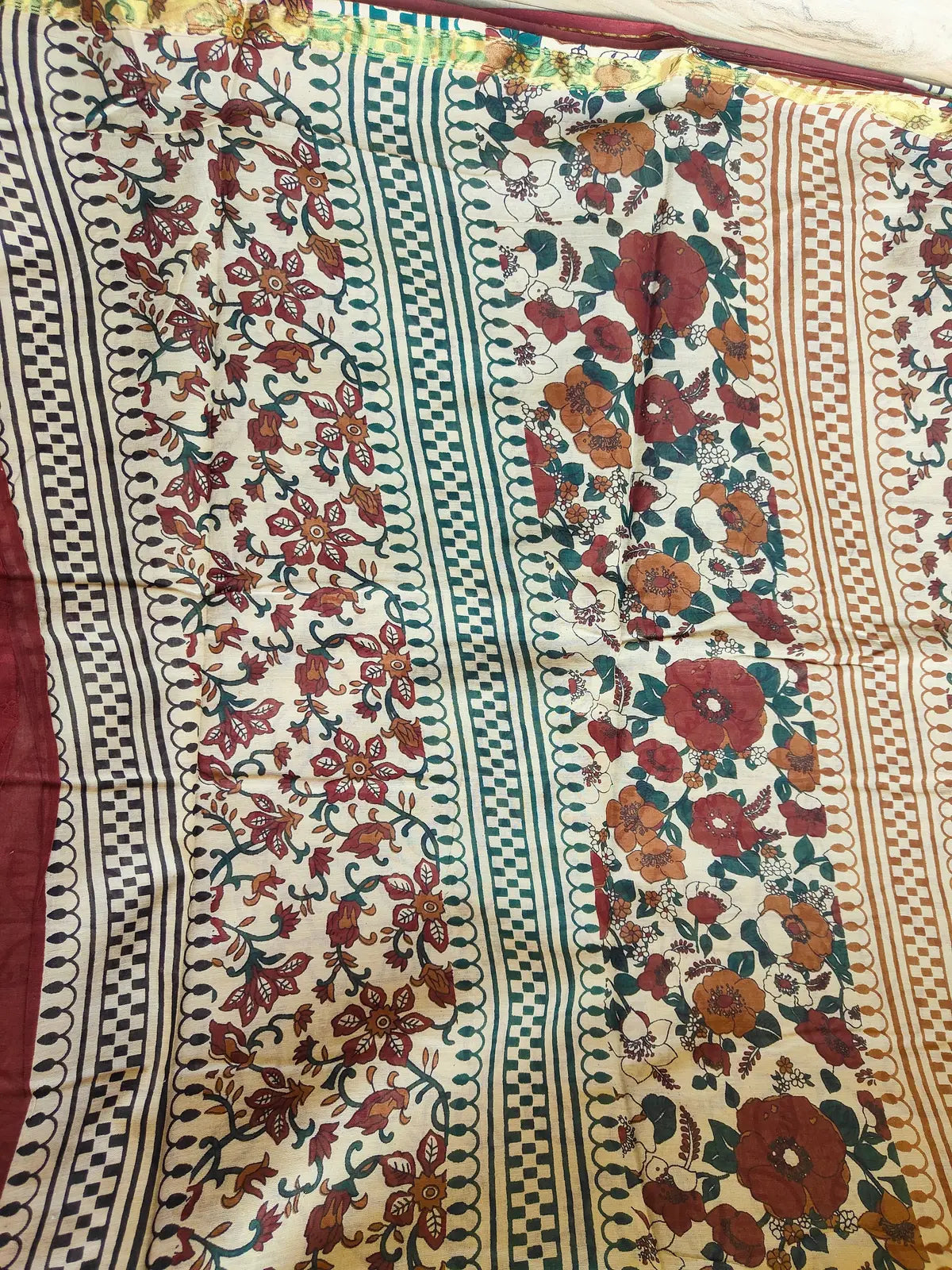 BEIGE AND RED AJRAKH CHANDERI COTTON SAREE