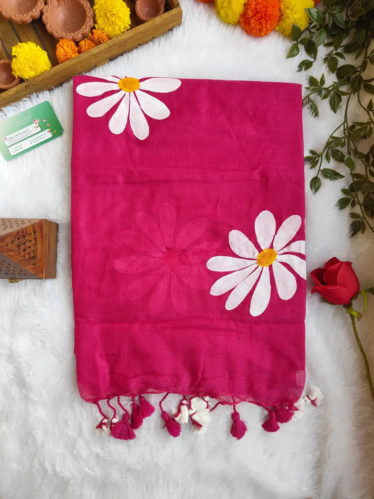PINK FLORAL HAND PAINTED MUL COTTON SAREE