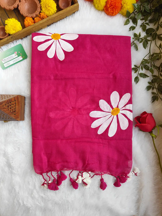 PINK FLORAL HAND PAINTED MUL COTTON SAREE