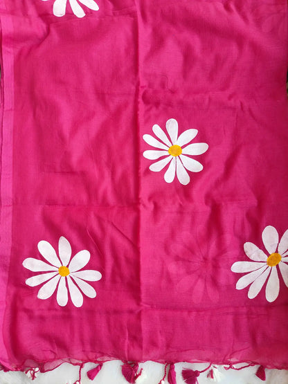 PINK FLORAL HAND PAINTED MUL COTTON SAREE