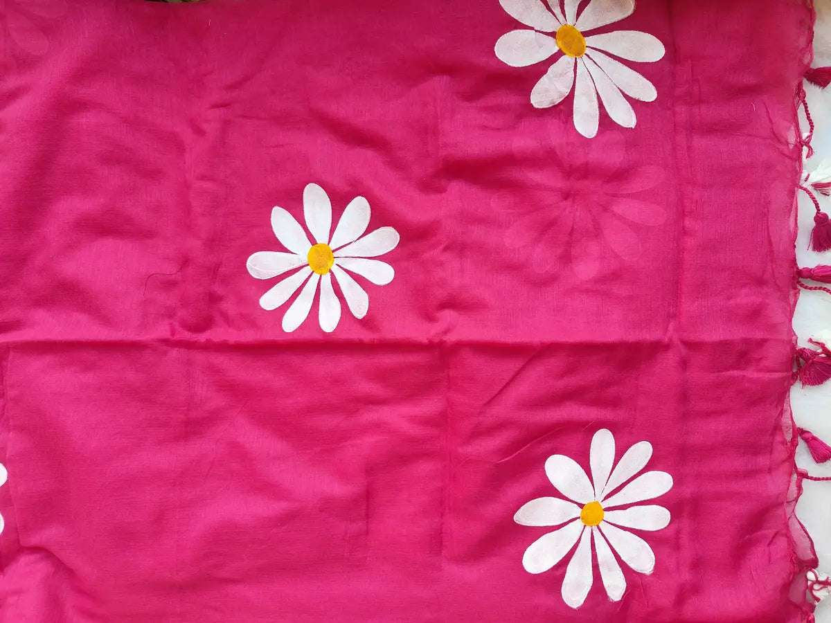 PINK FLORAL HAND PAINTED MUL COTTON SAREE