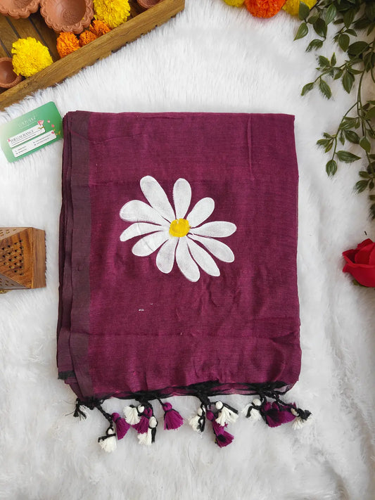 MAGENTA FLORAL HAND PAINTED MUL COTTON SAREE