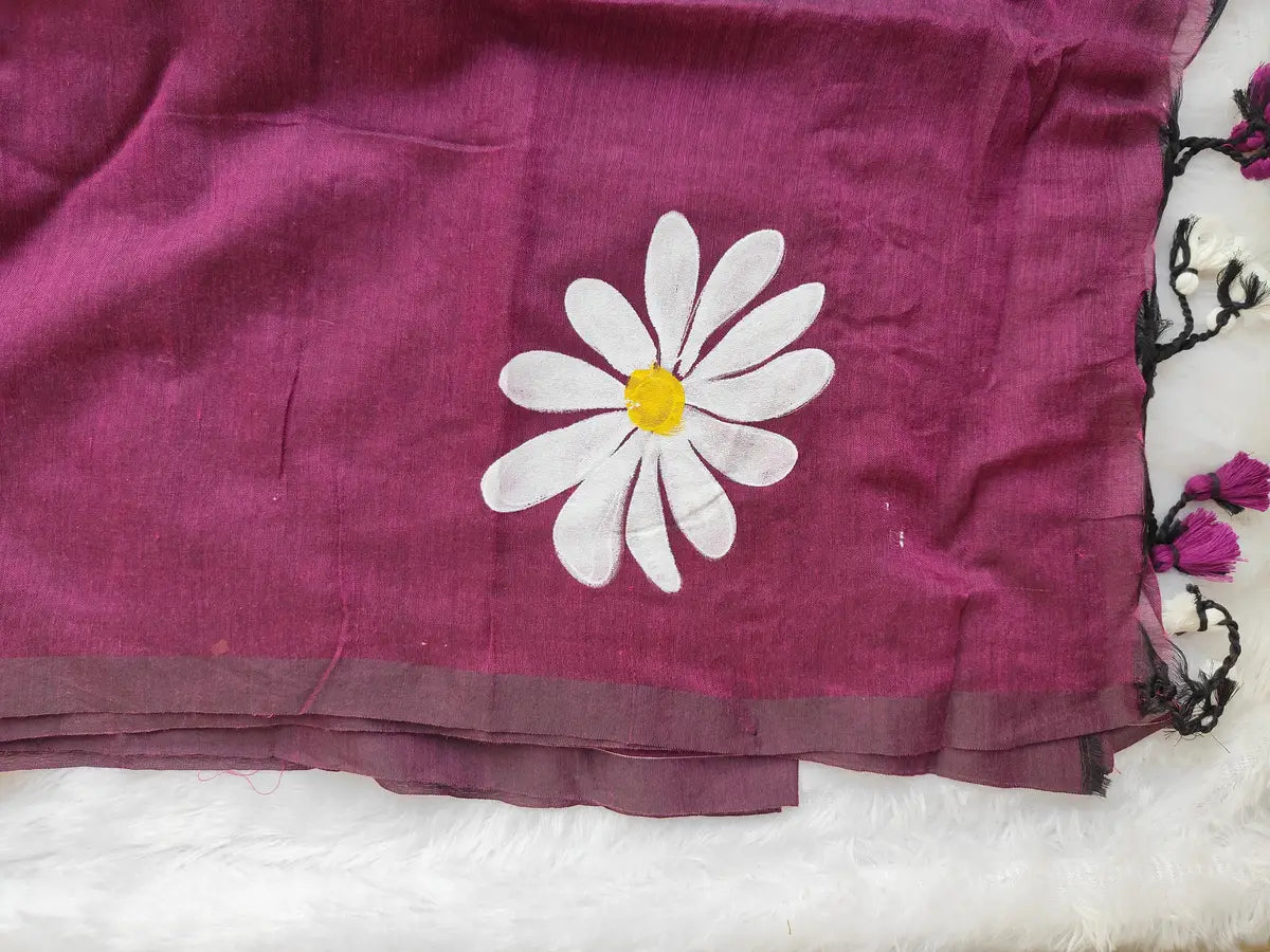 MAGENTA FLORAL HAND PAINTED MUL COTTON SAREE