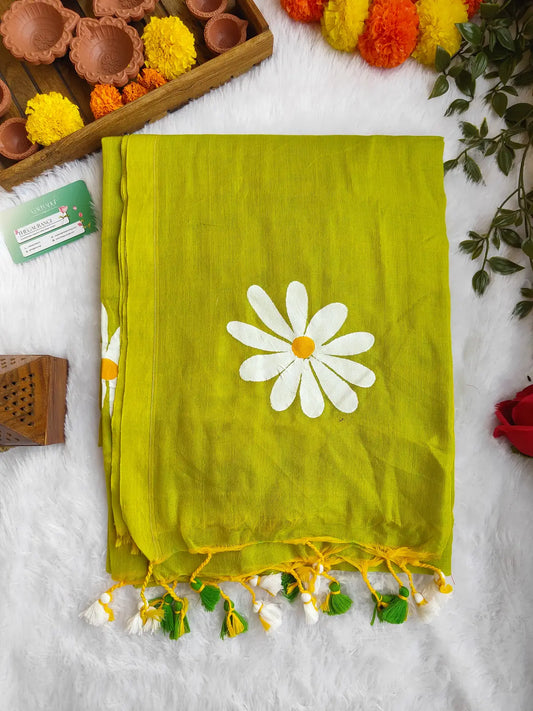 LEMON YELLOW FLORAL HAND PAINTED MUL COTTON SAREE