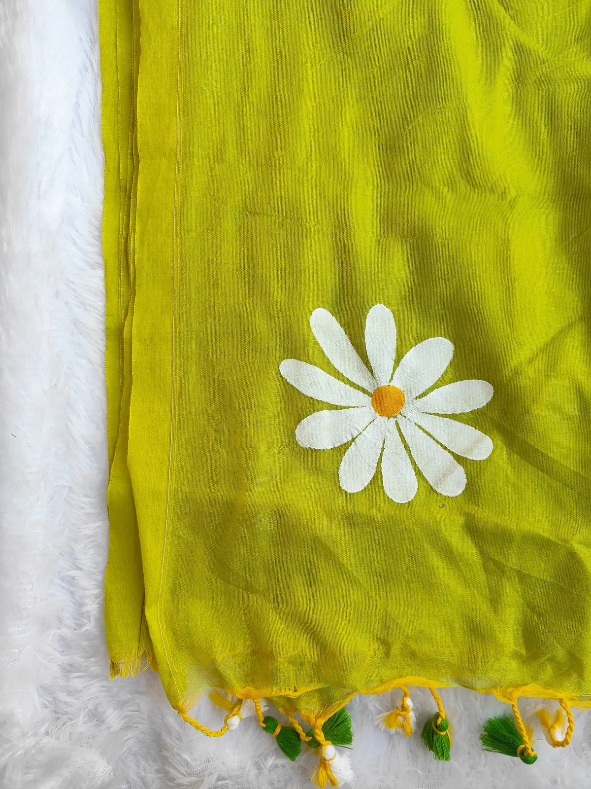 LEMON YELLOW FLORAL HAND PAINTED MUL COTTON SAREE