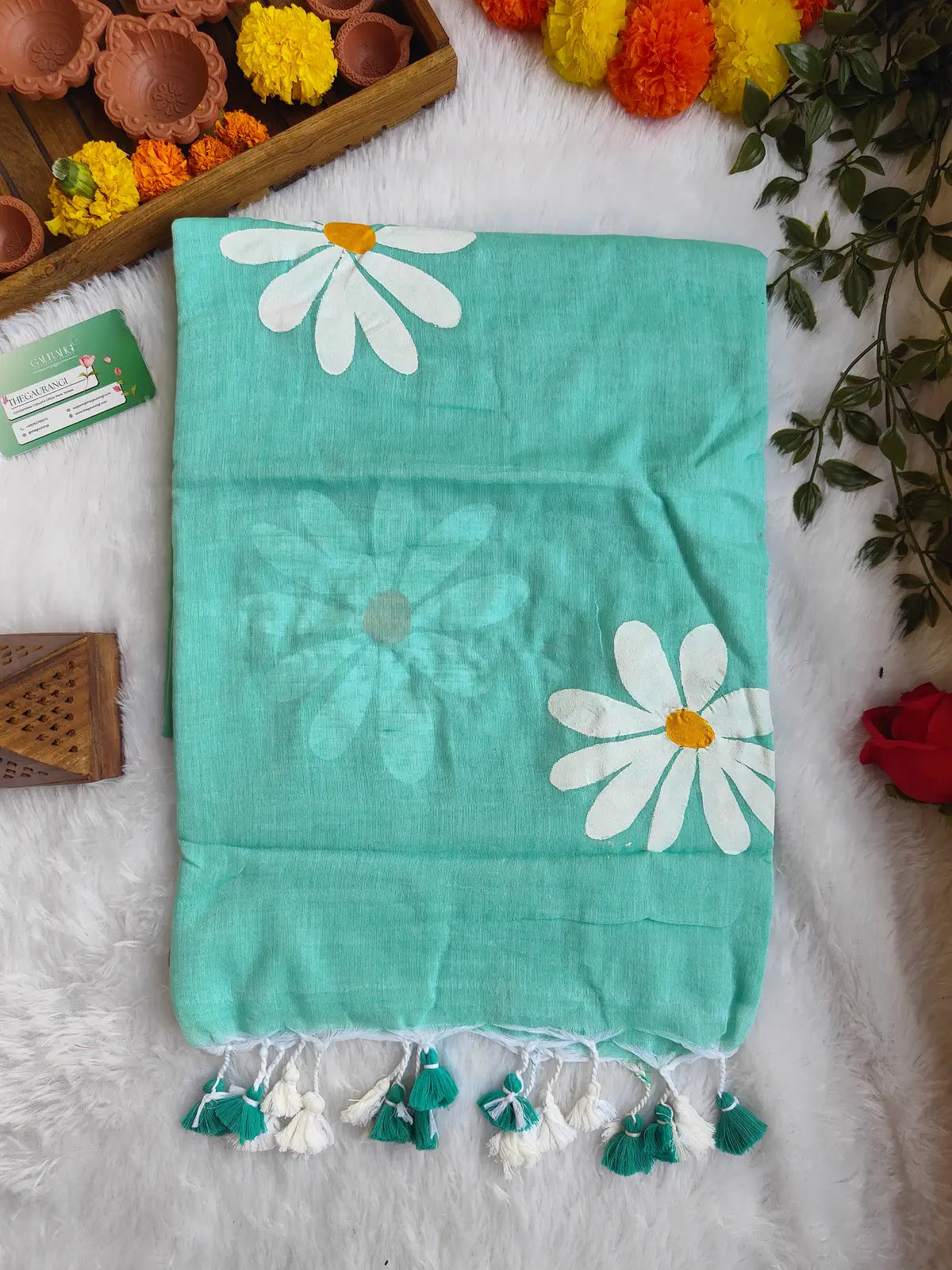 TURQUOISE BLUE FLORAL HAND PAINTED MUL COTTON SAREE