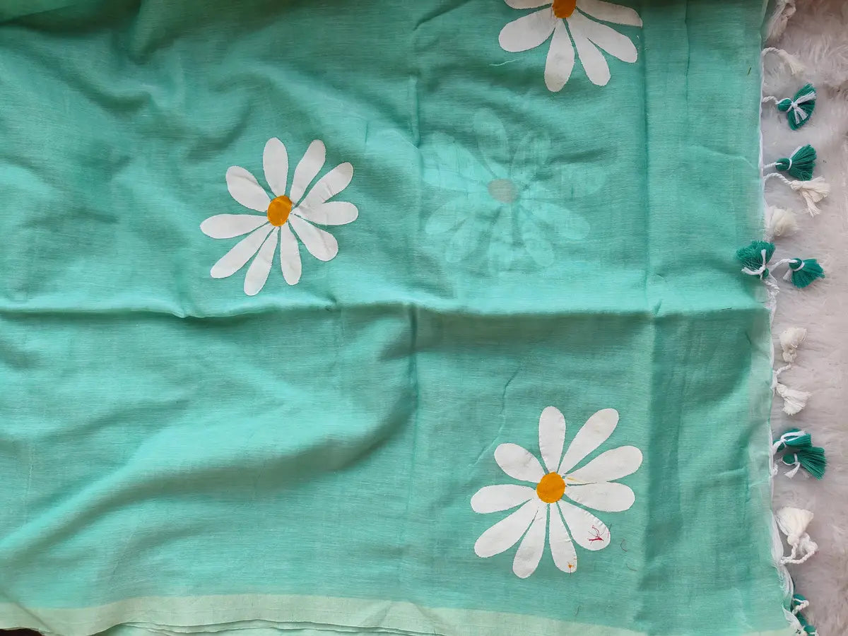 TURQUOISE BLUE FLORAL HAND PAINTED MUL COTTON SAREE