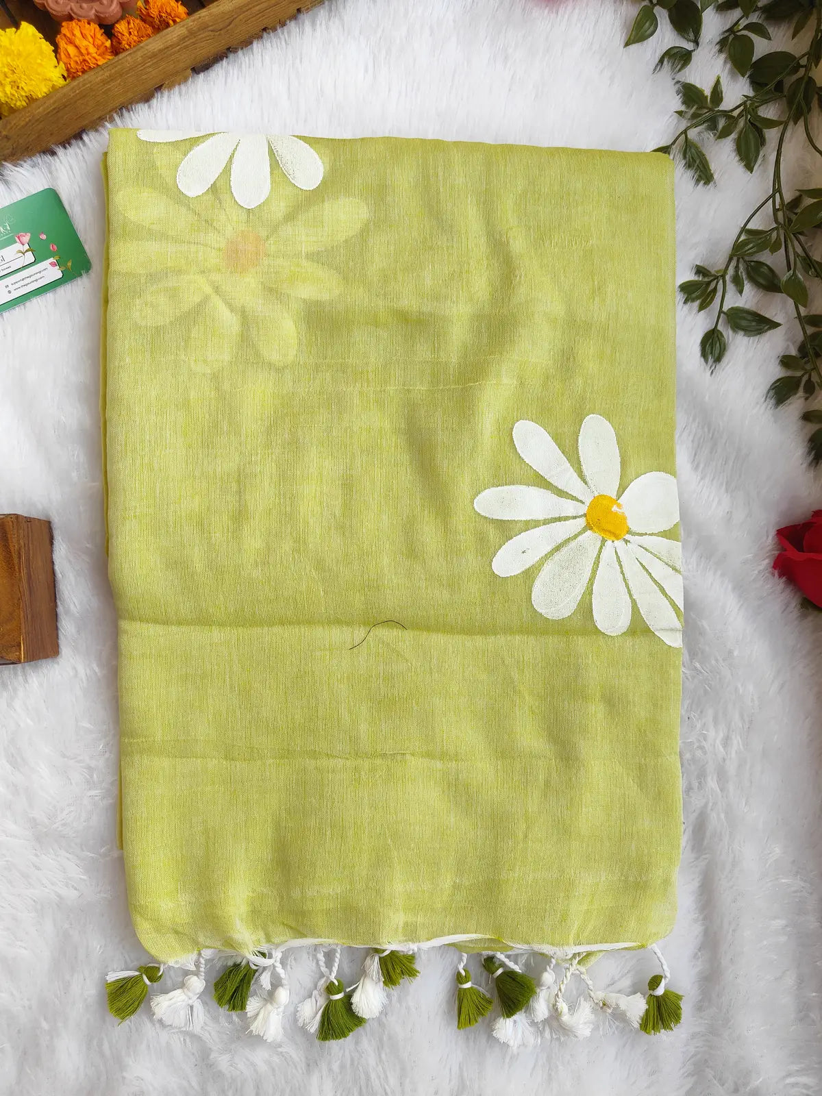 LIME GREEN FLORAL HAND PAINTED MUL COTTON SAREE