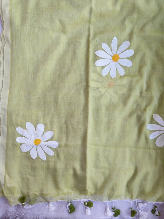 LIME GREEN FLORAL HAND PAINTED MUL COTTON SAREE