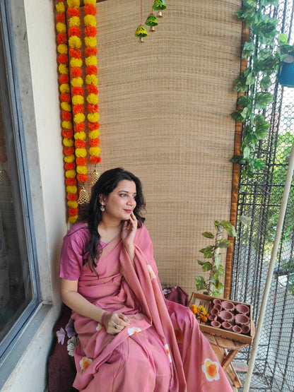 PEACH SUNFLOWER HAND PAINTED KHADI COTTON SAREE