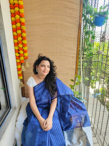 BLUE AND SILVER COTTON ZARI SAREE