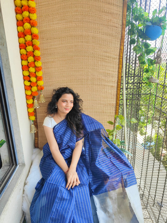 BLUE AND SILVER COTTON ZARI SAREE
