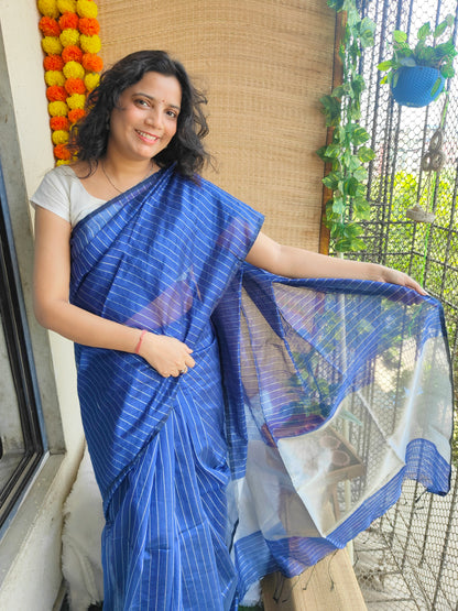 BLUE AND SILVER COTTON ZARI SAREE