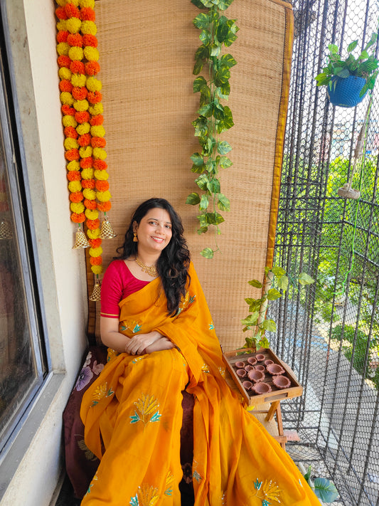 MUSTURD YELLOW LOTUS SITARA MUL COTTON SAREE