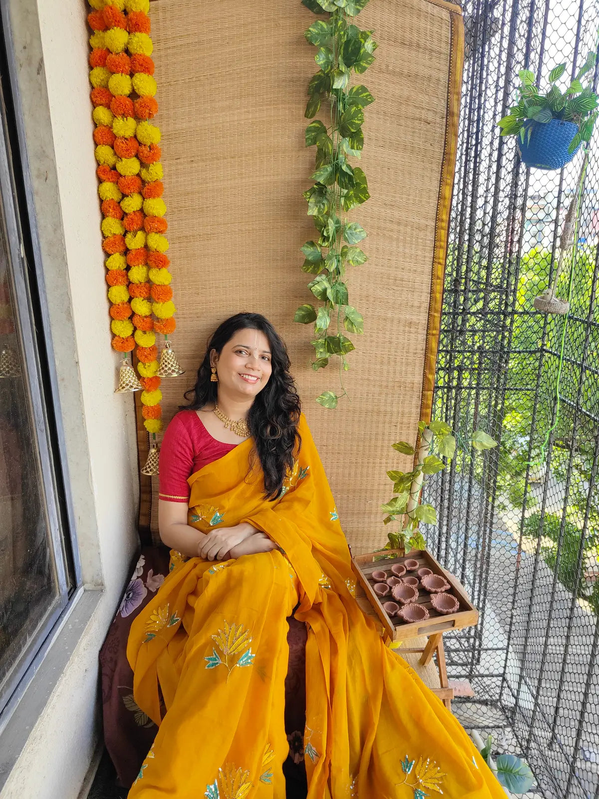 MUSTURD YELLOW LOTUS SITARA MUL COTTON SAREE