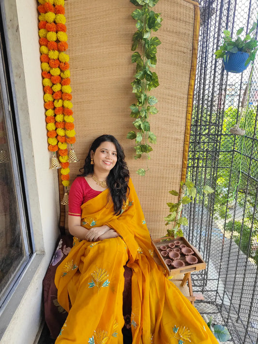 MUSTURD YELLOW LOTUS SITARA MUL COTTON SAREE