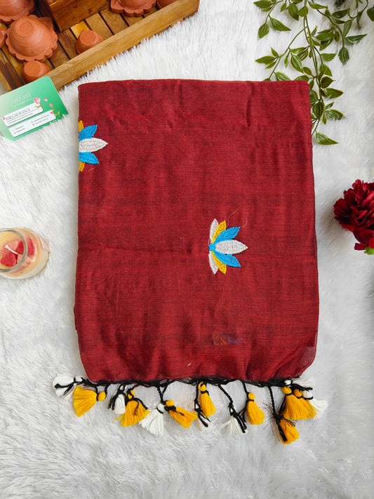 MAROON LOTUS EMBROIDERED MUL COTTON SAREE