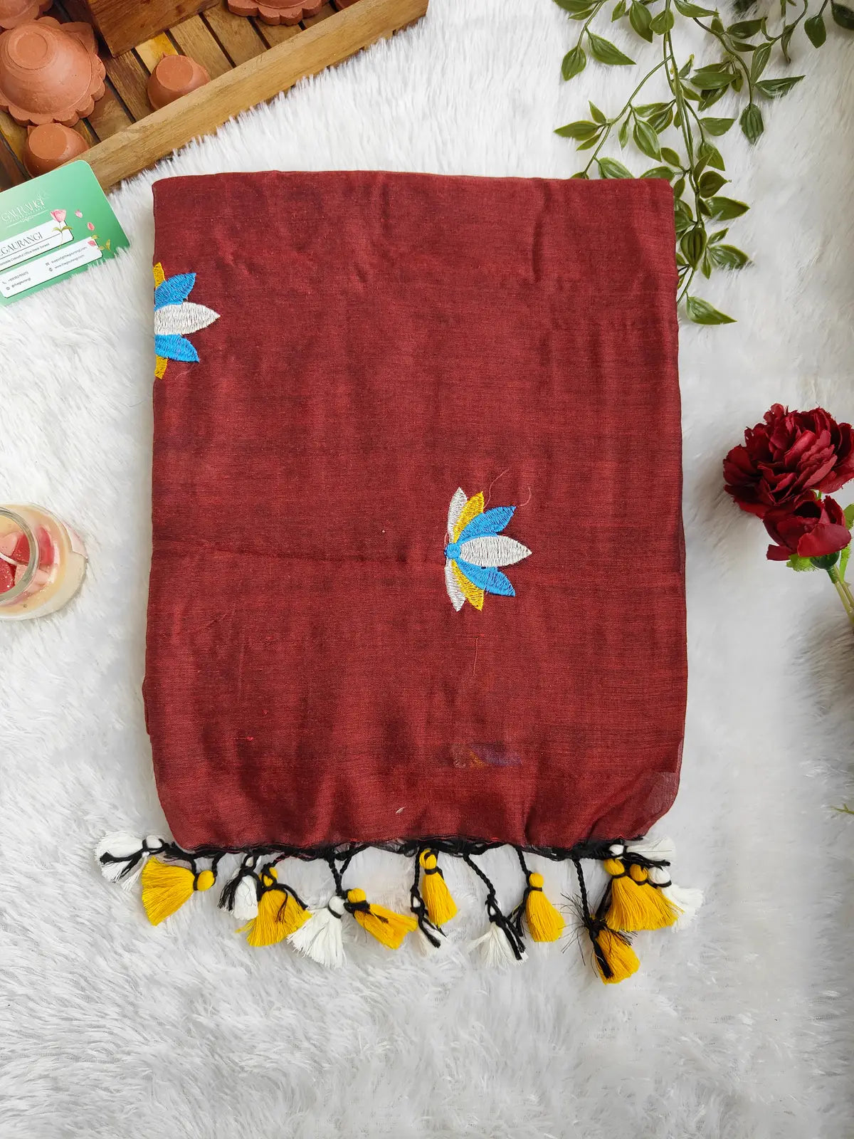 MAROON LOTUS EMBROIDERED MUL COTTON SAREE