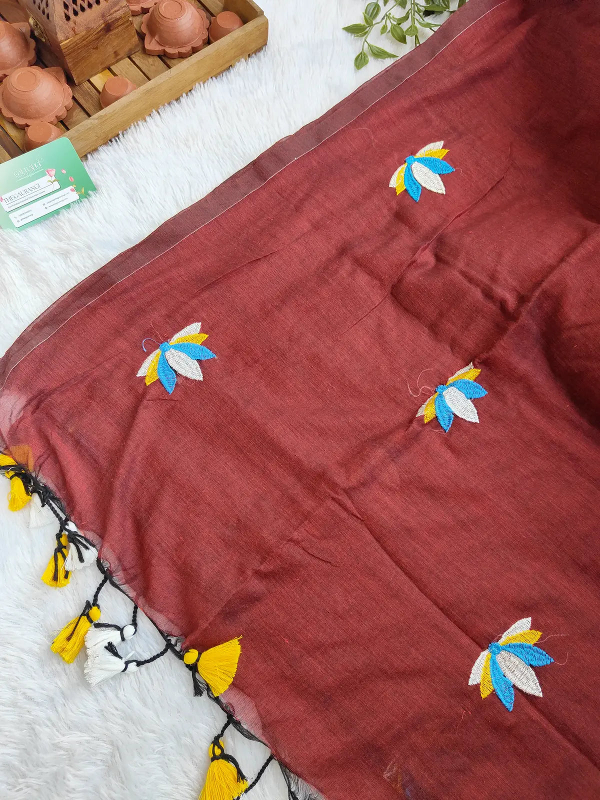 MAROON LOTUS EMBROIDERED MUL COTTON SAREE