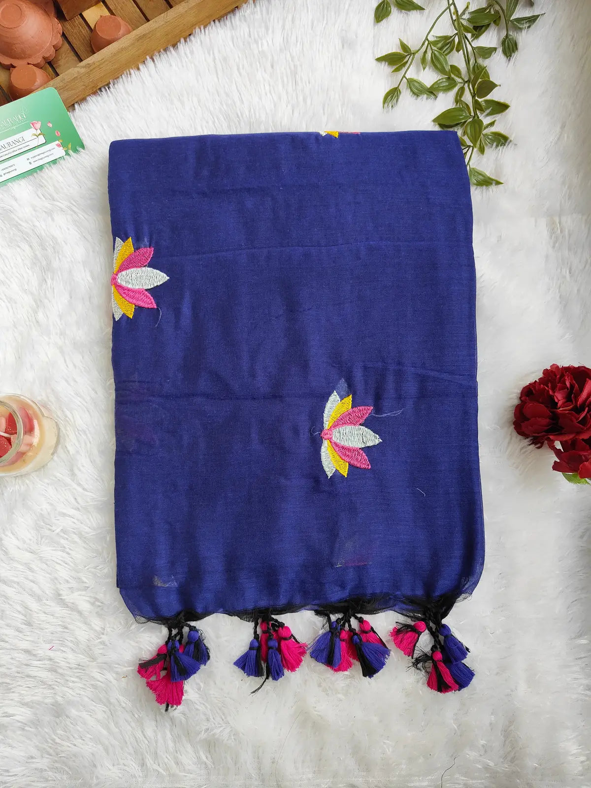 BLUE LOTUS EMBROIDERED MUL COTTON SAREE