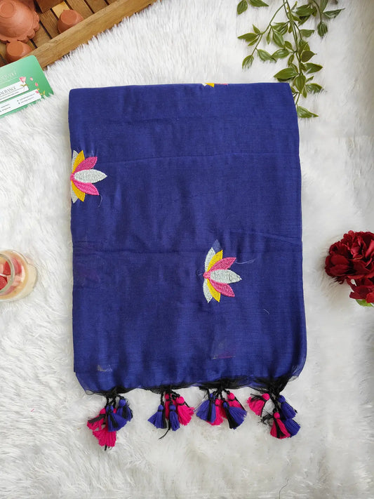BLUE LOTUS EMBROIDERED MUL COTTON SAREE