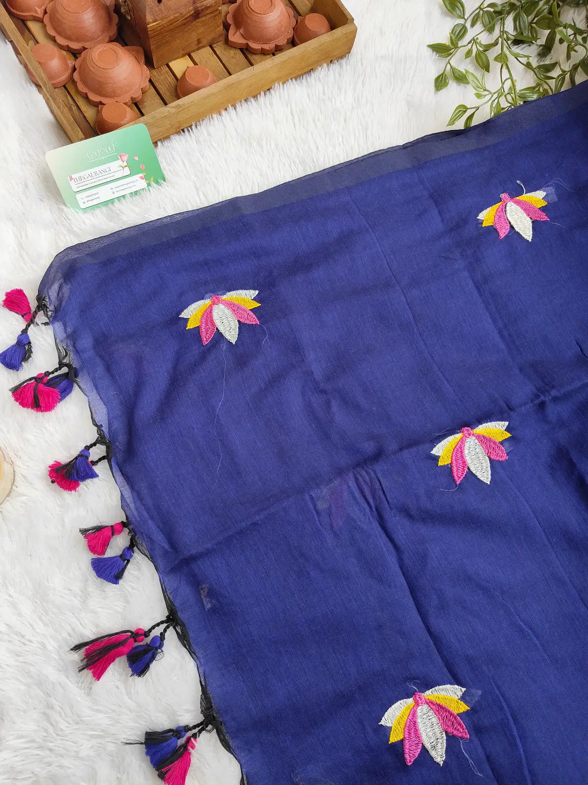 BLUE LOTUS EMBROIDERED MUL COTTON SAREE