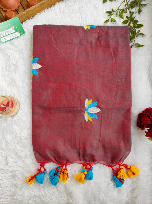 BROWN LOTUS EMBROIDERED MUL COTTON SAREE