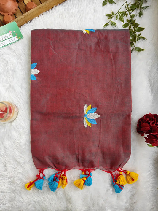 BROWN LOTUS EMBROIDERED MUL COTTON SAREE