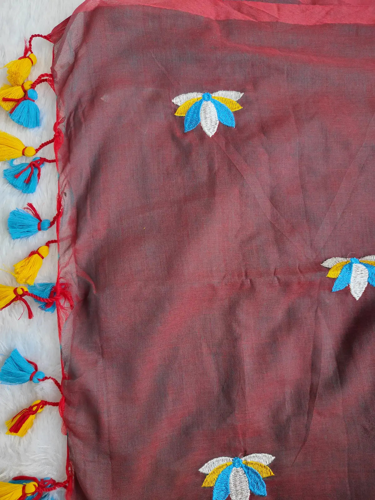 BROWN LOTUS EMBROIDERED MUL COTTON SAREE