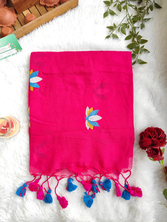 PINK LOTUS EMBROIDERED MUL COTTON SAREE