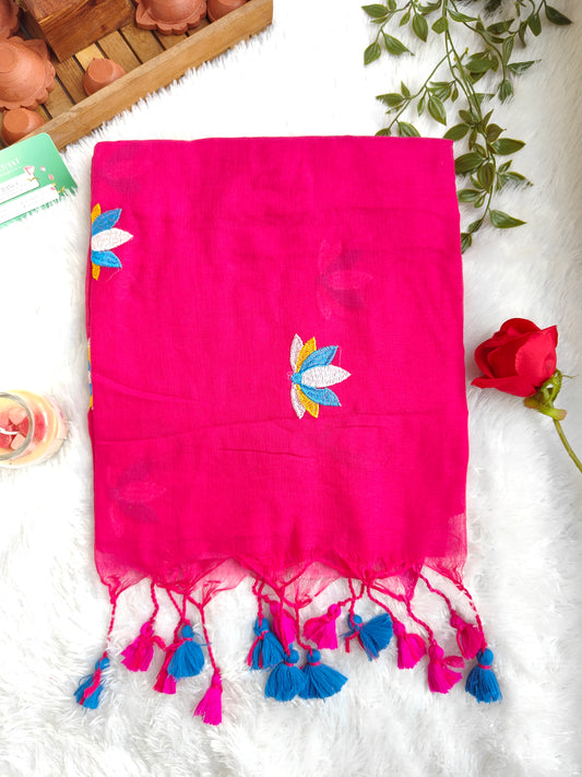 PINK LOTUS EMBROIDERED MUL COTTON SAREE