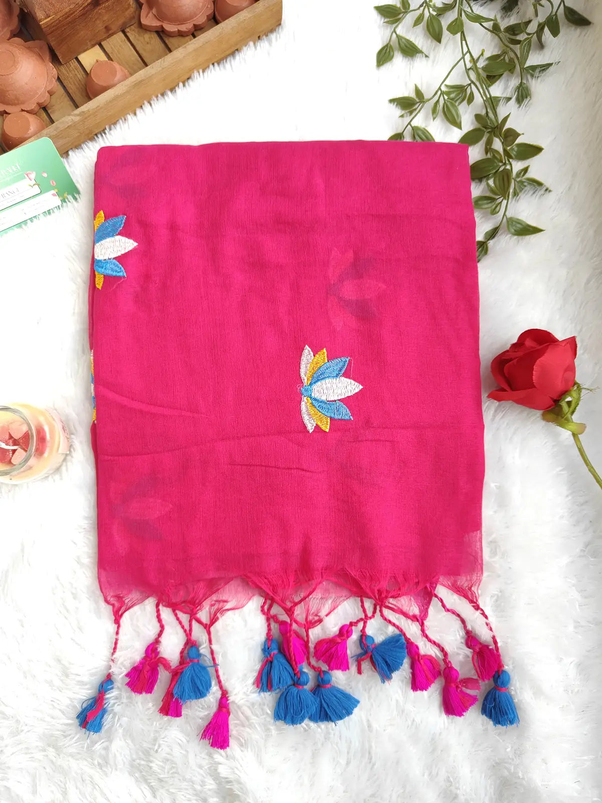 PINK LOTUS EMBROIDERED MUL COTTON SAREE