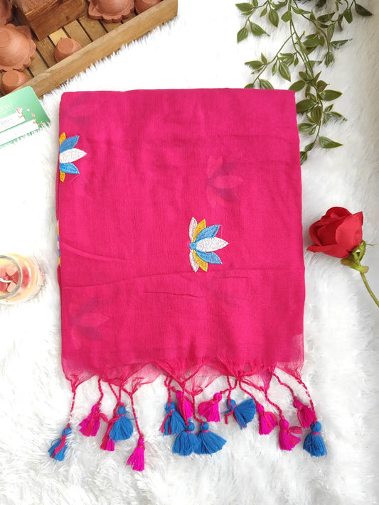 PINK LOTUS EMBROIDERED MUL COTTON SAREE