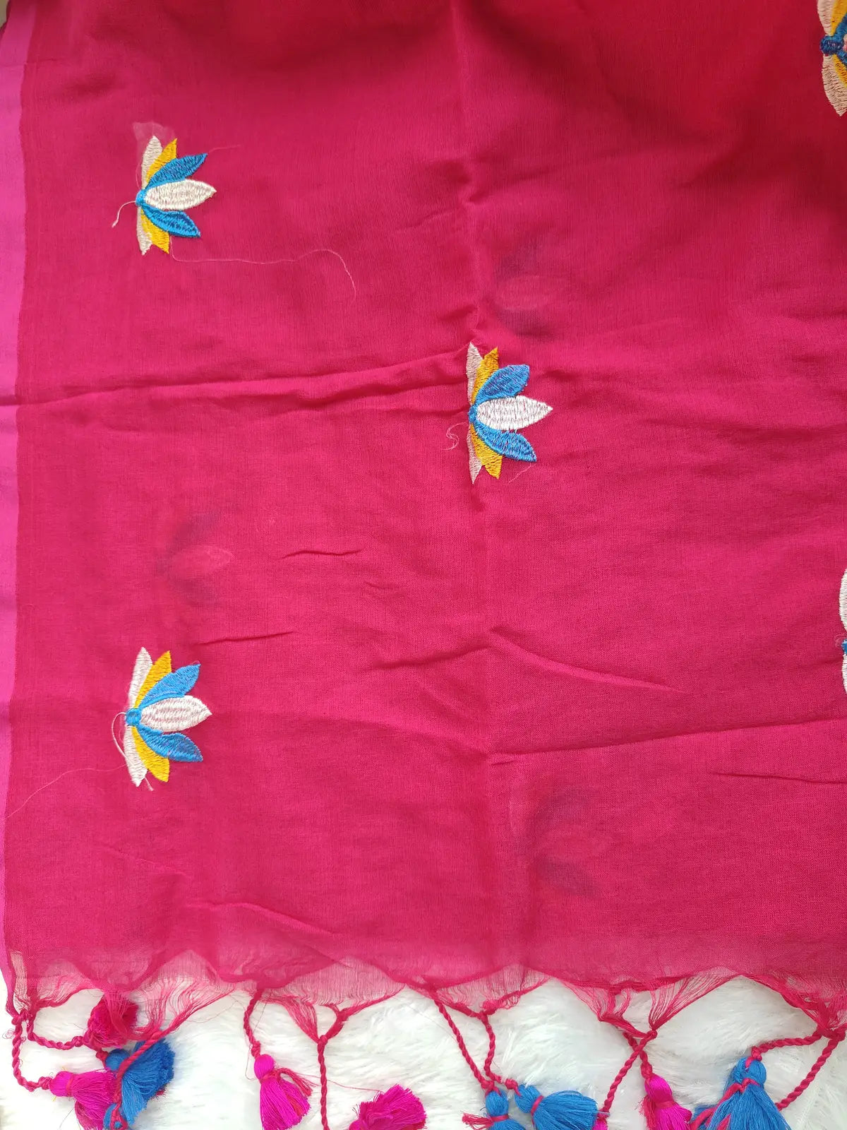PINK LOTUS EMBROIDERED MUL COTTON SAREE