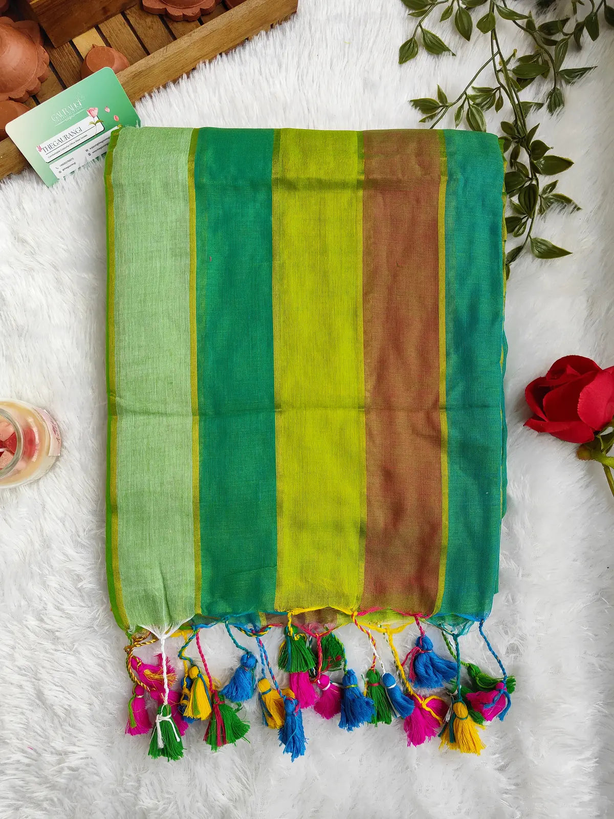 RAINBOW STRIPE GREEN MUL COTTON SAREE