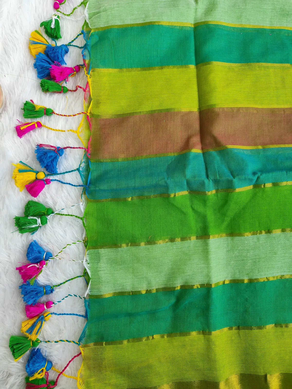 RAINBOW STRIPE GREEN MUL COTTON SAREE