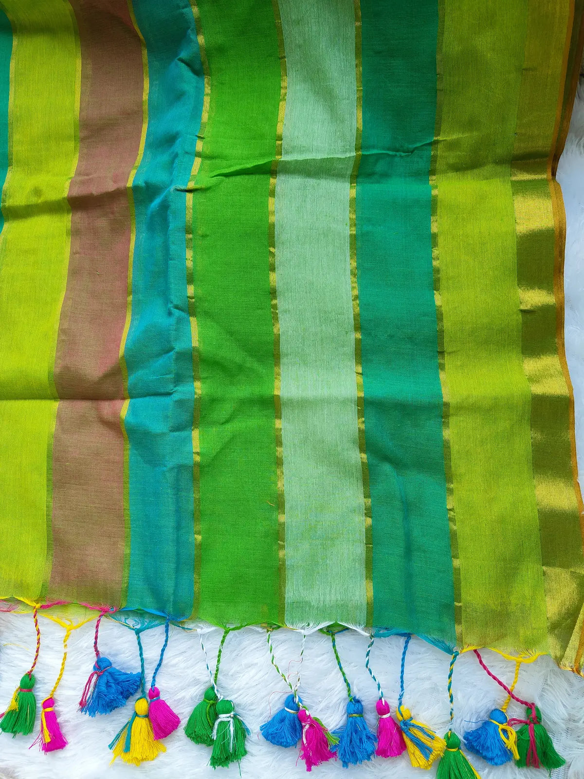 RAINBOW STRIPE GREEN MUL COTTON SAREE