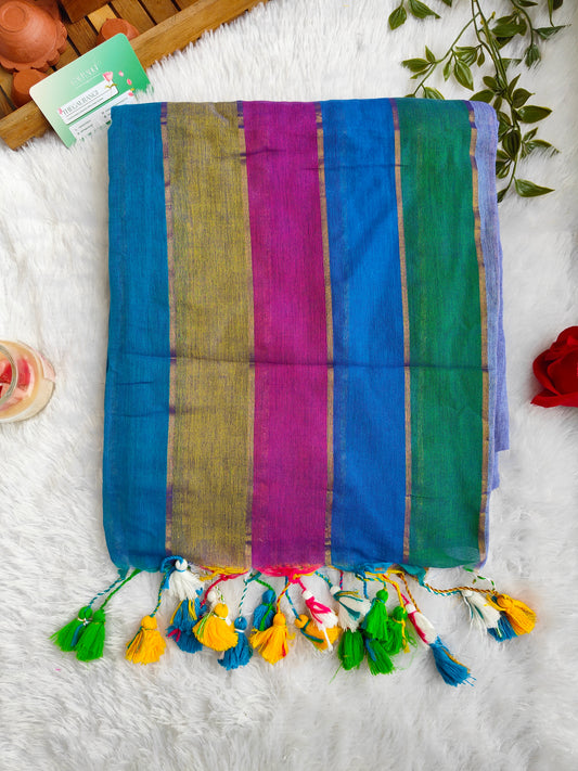 RAINBOW STRIPE BLUE MUL COTTON SAREE