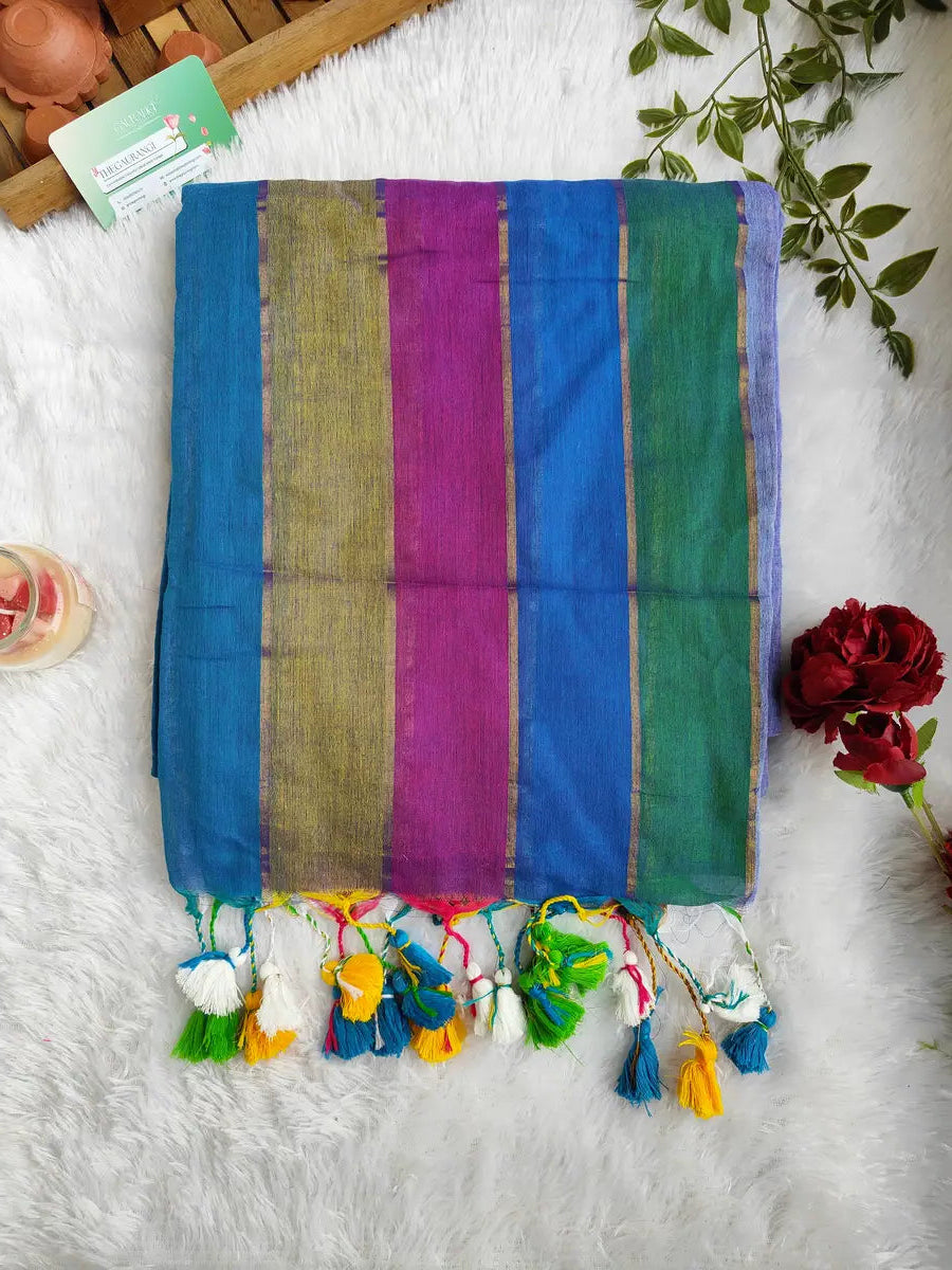 RAINBOW STRIPE BLUE MUL COTTON SAREE
